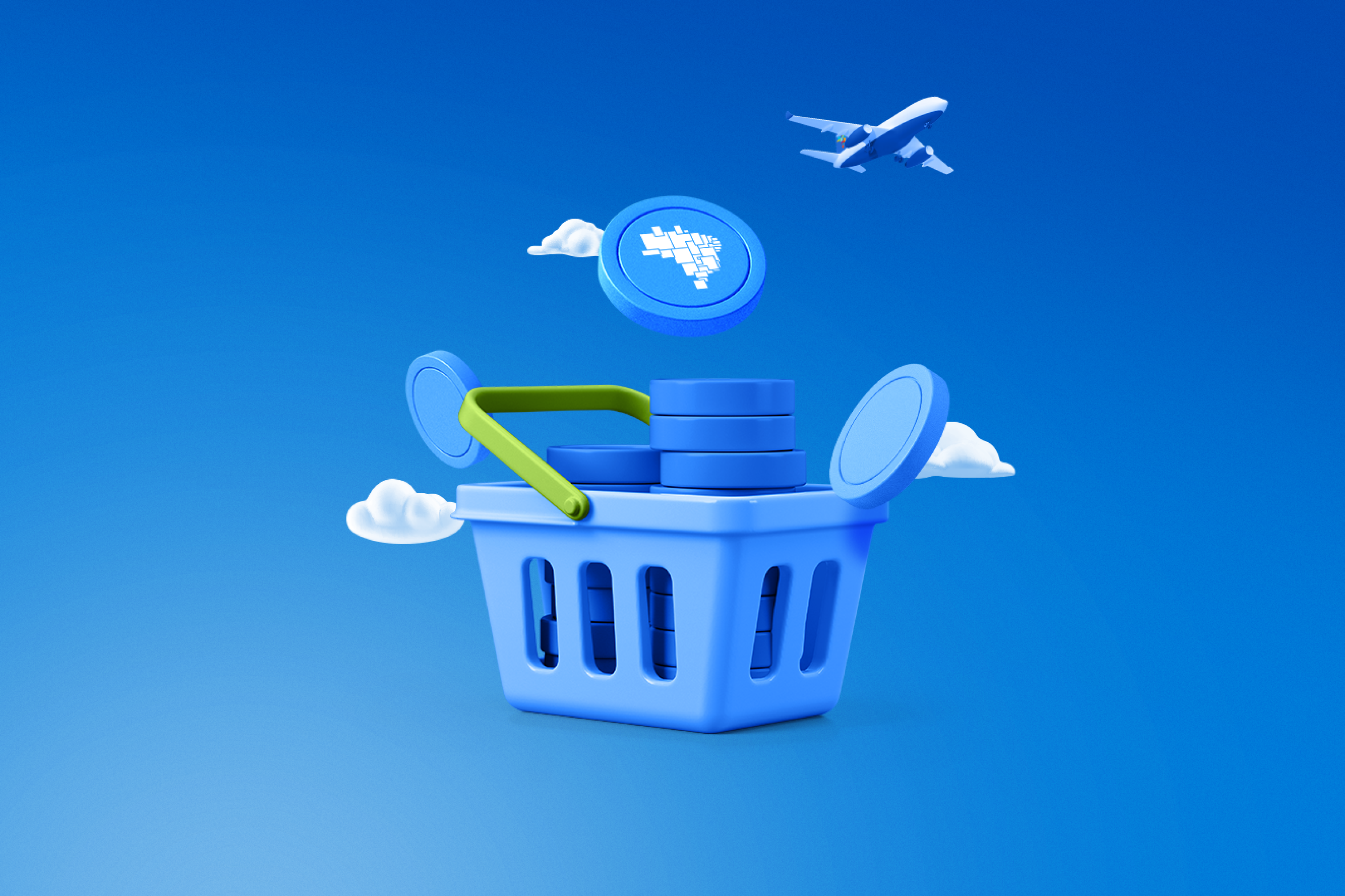 Cesta de compras com moedas azuis e um avião voado